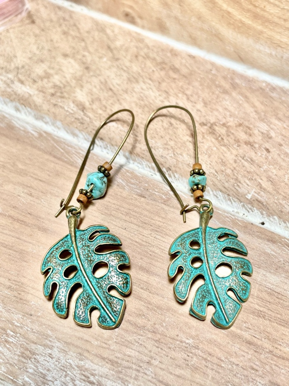 Turquoise Copper Patina Monstera Leaf Drop Earrings - Women Jewelry